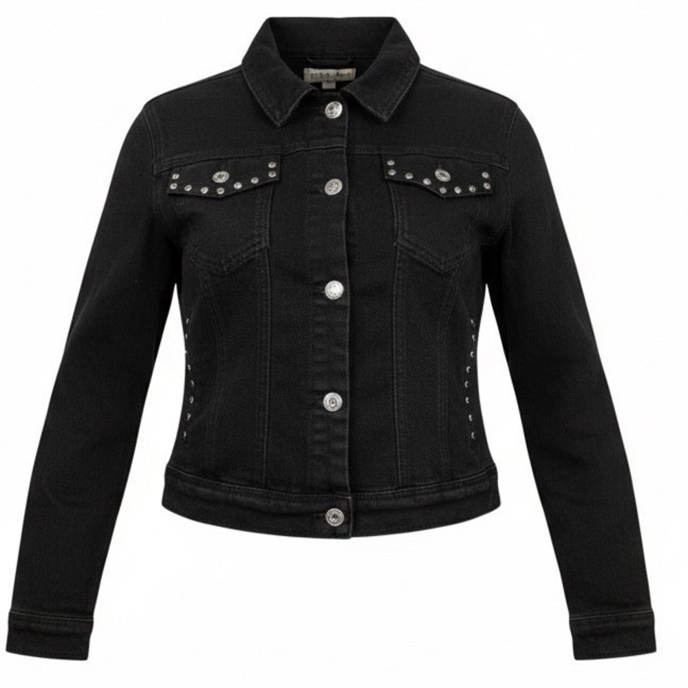 Earl Jean 14 16‎ Black Denim Jacket cropped Rhinestone Studded Trucker Style